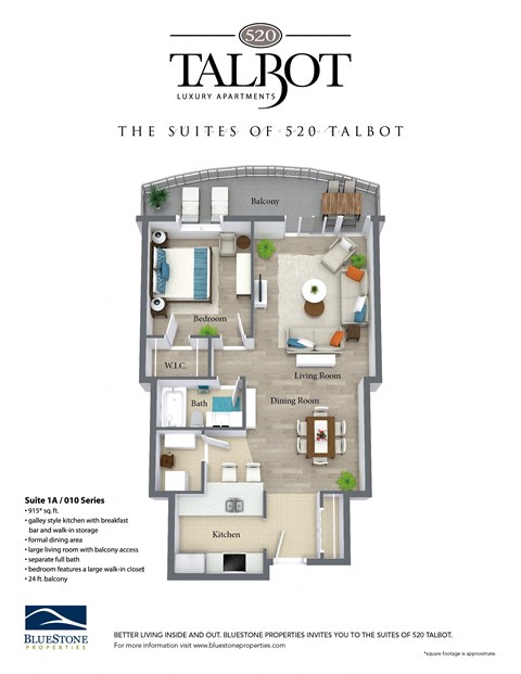 Floor plan for 1 bed, 1 bath, 915 sqft